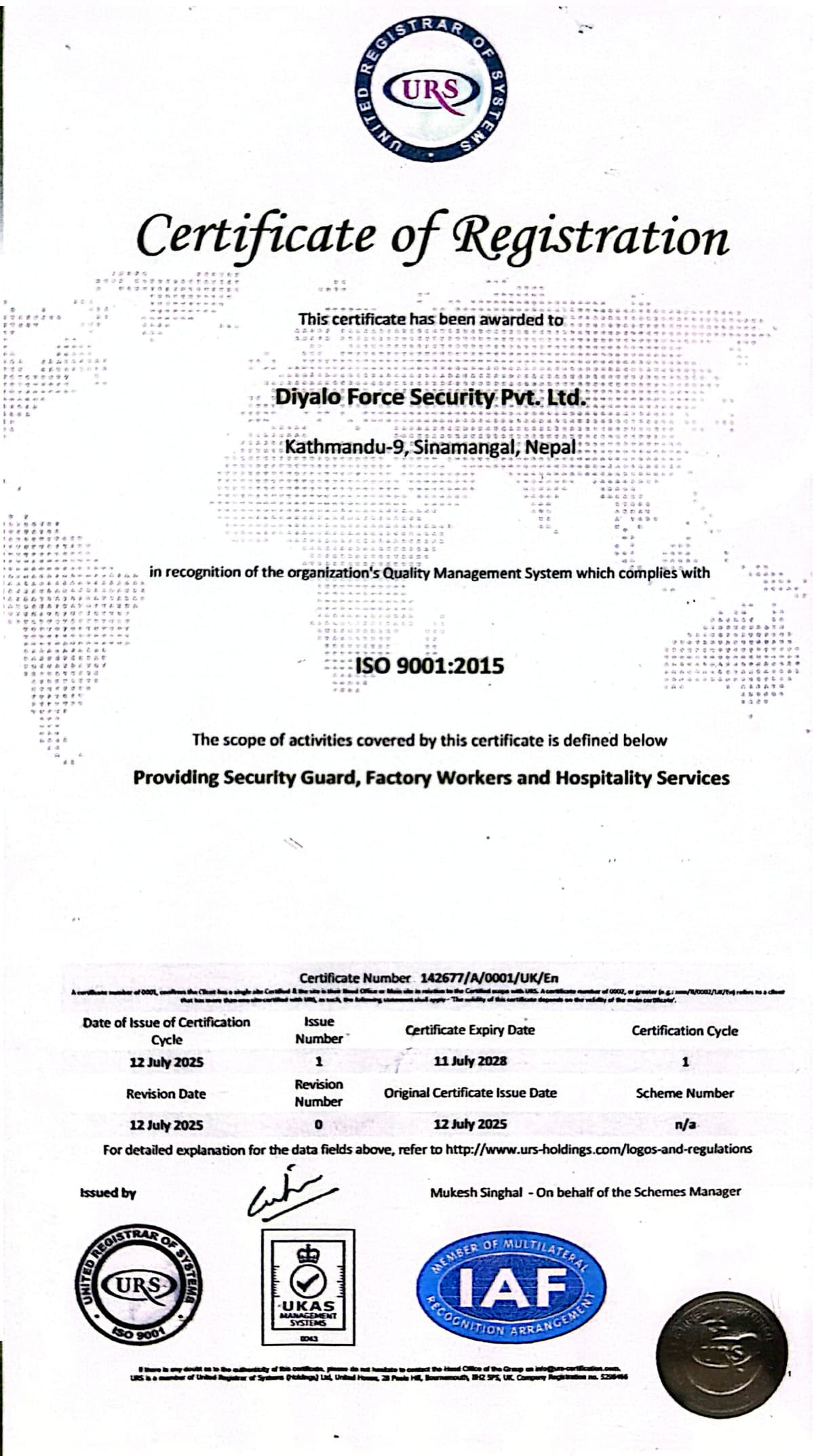 ISO 9001:2015 Certificate - Diyalo Force Security Pvt. Ltd.